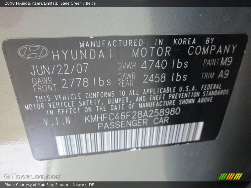Sage Green / Beige 2008 Hyundai Azera Limited