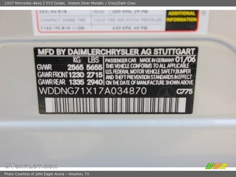 Iridium Silver Metallic / Grey/Dark Grey 2007 Mercedes-Benz S 550 Sedan