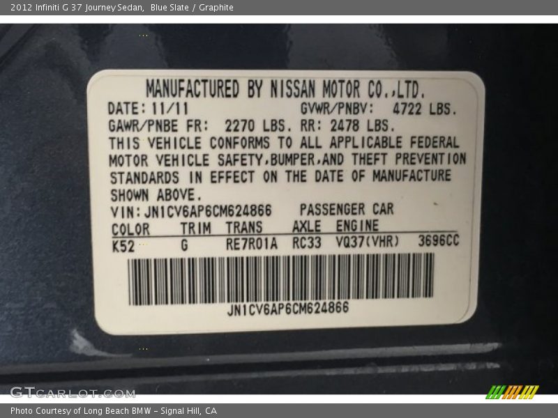 Blue Slate / Graphite 2012 Infiniti G 37 Journey Sedan