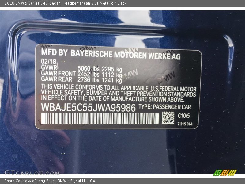 2018 5 Series 540i Sedan Mediterranean Blue Metallic Color Code C10
