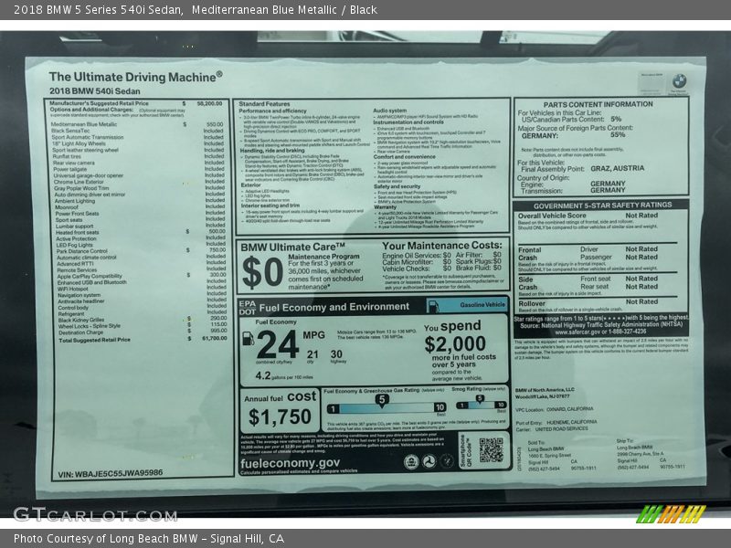  2018 5 Series 540i Sedan Window Sticker