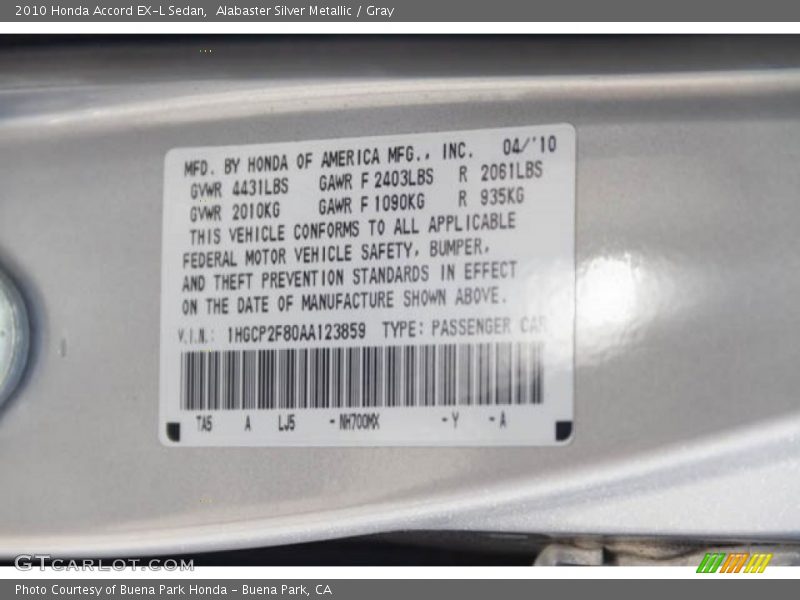 Alabaster Silver Metallic / Gray 2010 Honda Accord EX-L Sedan