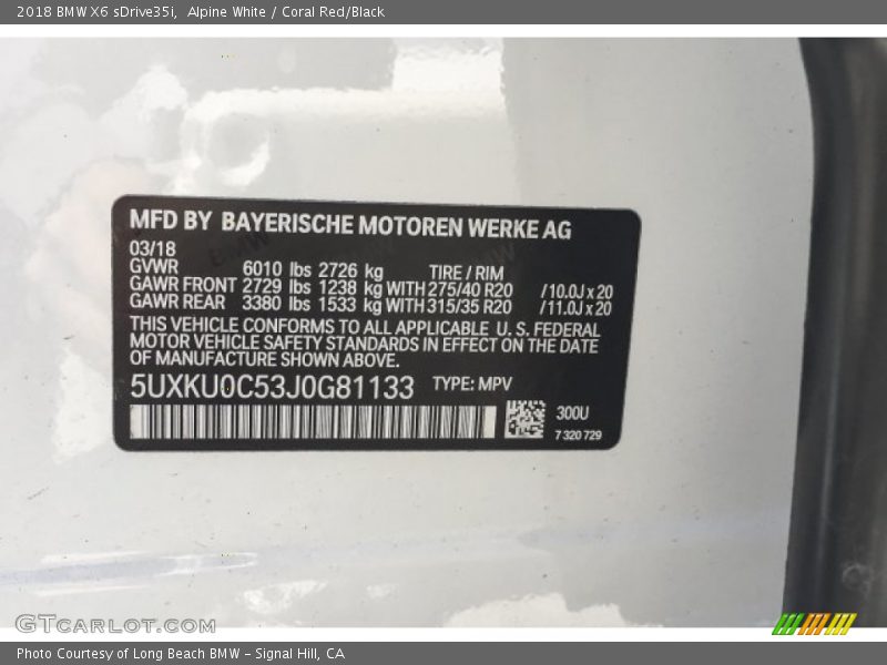 Alpine White / Coral Red/Black 2018 BMW X6 sDrive35i