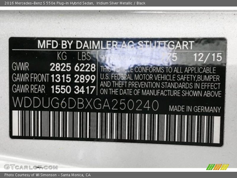 Iridium Silver Metallic / Black 2016 Mercedes-Benz S 550e Plug-In Hybrid Sedan