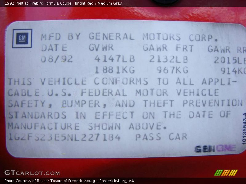 Bright Red / Medium Gray 1992 Pontiac Firebird Formula Coupe