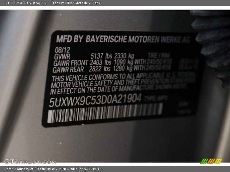 Titanium Silver Metallic / Black 2013 BMW X3 xDrive 28i