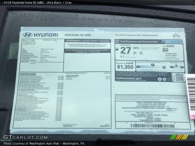 Ultra Black / Gray 2018 Hyundai Kona SE AWD
