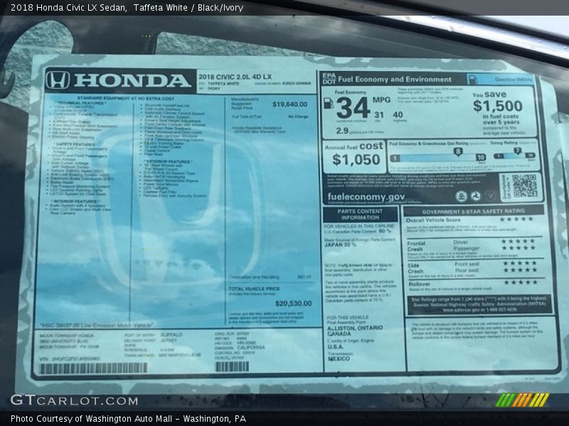 Taffeta White / Black/Ivory 2018 Honda Civic LX Sedan