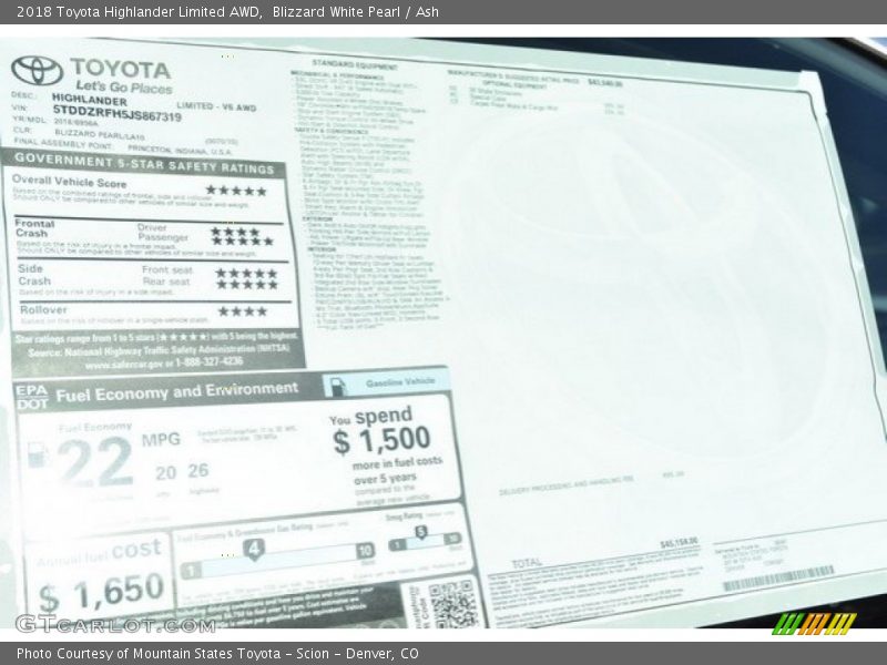 Blizzard White Pearl / Ash 2018 Toyota Highlander Limited AWD
