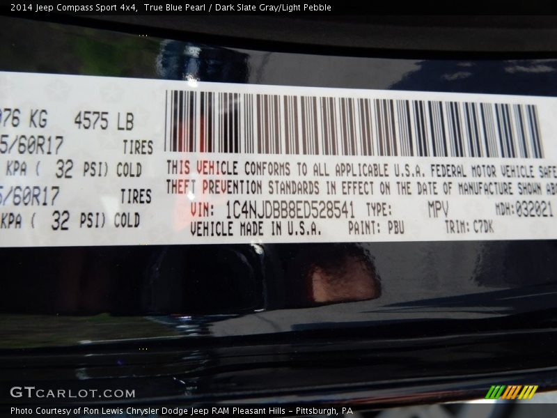 True Blue Pearl / Dark Slate Gray/Light Pebble 2014 Jeep Compass Sport 4x4