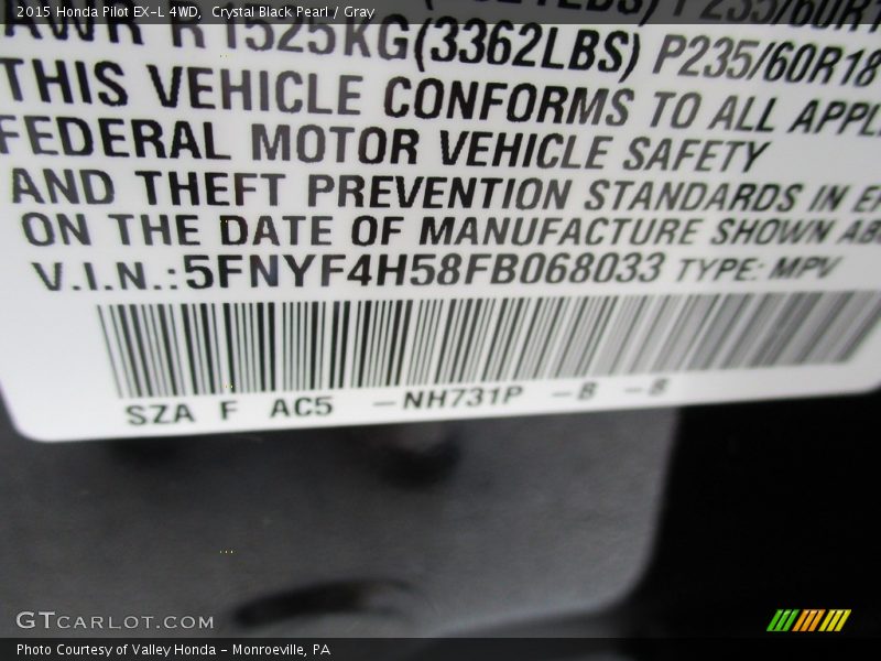 Crystal Black Pearl / Gray 2015 Honda Pilot EX-L 4WD