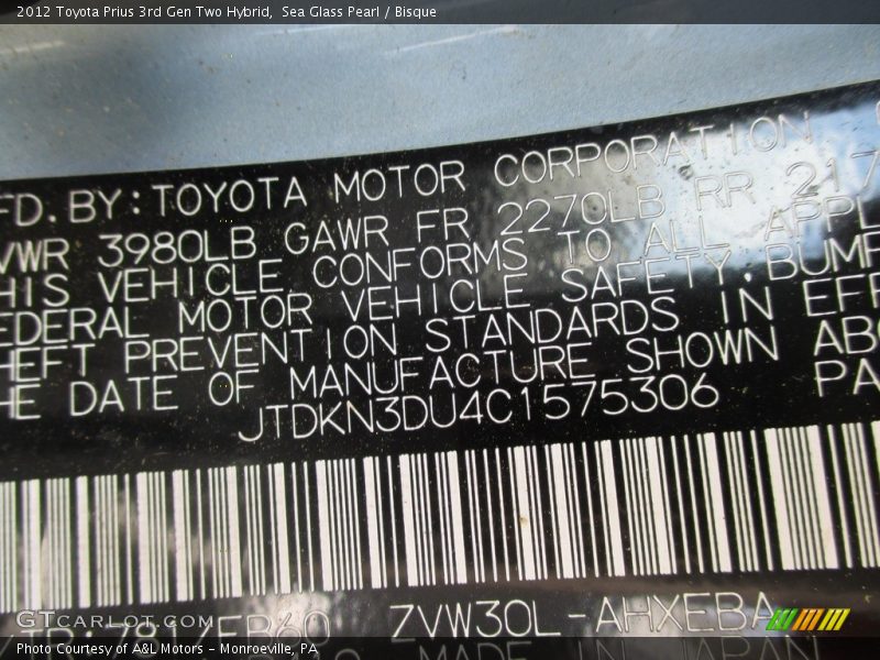 Sea Glass Pearl / Bisque 2012 Toyota Prius 3rd Gen Two Hybrid