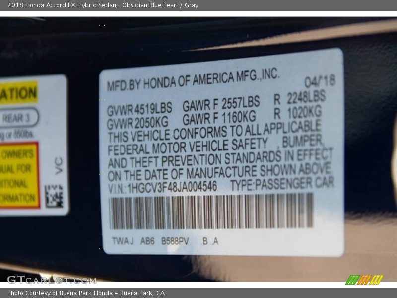2018 Accord EX Hybrid Sedan Obsidian Blue Pearl Color Code B588PV