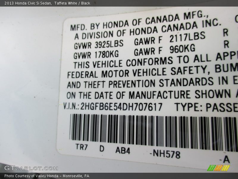 Taffeta White / Black 2013 Honda Civic Si Sedan