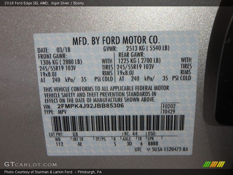 Ingot Silver / Ebony 2018 Ford Edge SEL AWD