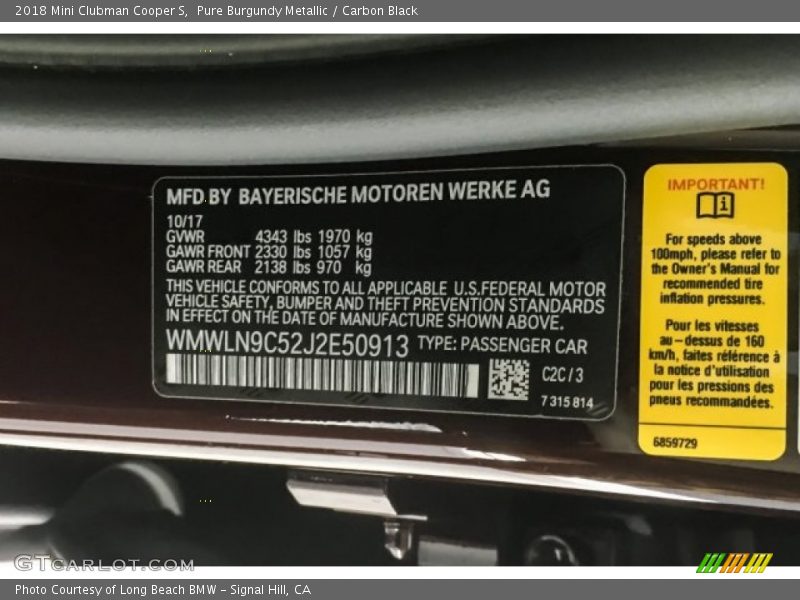 Pure Burgundy Metallic / Carbon Black 2018 Mini Clubman Cooper S