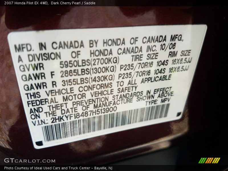 Dark Cherry Pearl / Saddle 2007 Honda Pilot EX 4WD