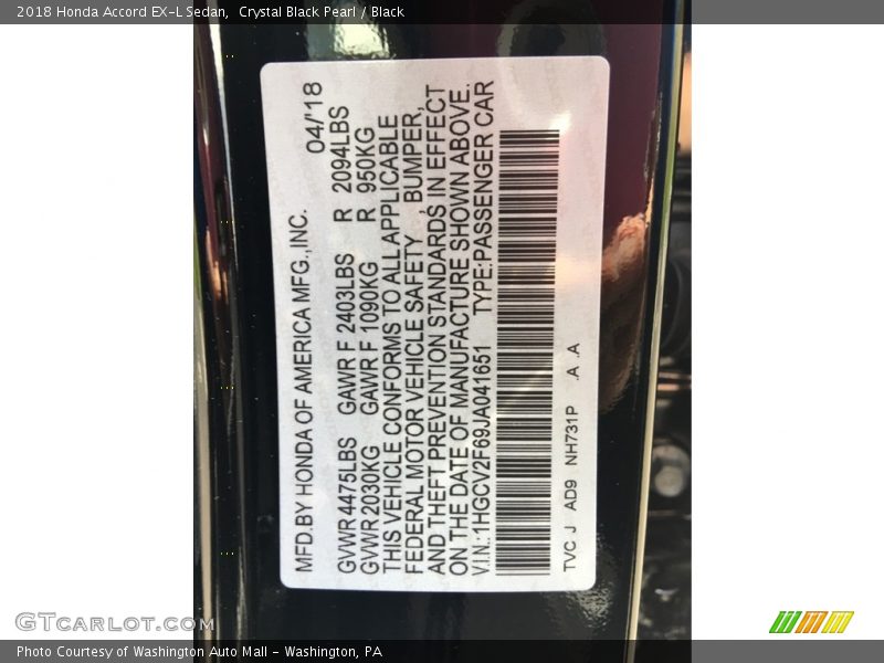 2018 Accord EX-L Sedan Crystal Black Pearl Color Code NH731P