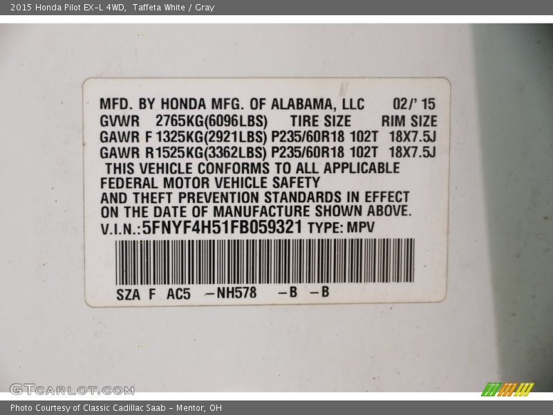 Taffeta White / Gray 2015 Honda Pilot EX-L 4WD