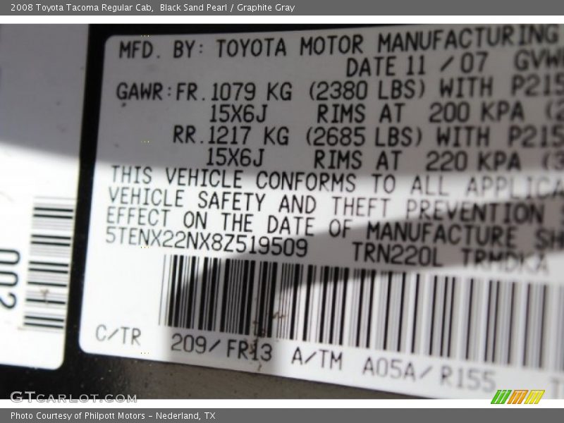 Black Sand Pearl / Graphite Gray 2008 Toyota Tacoma Regular Cab