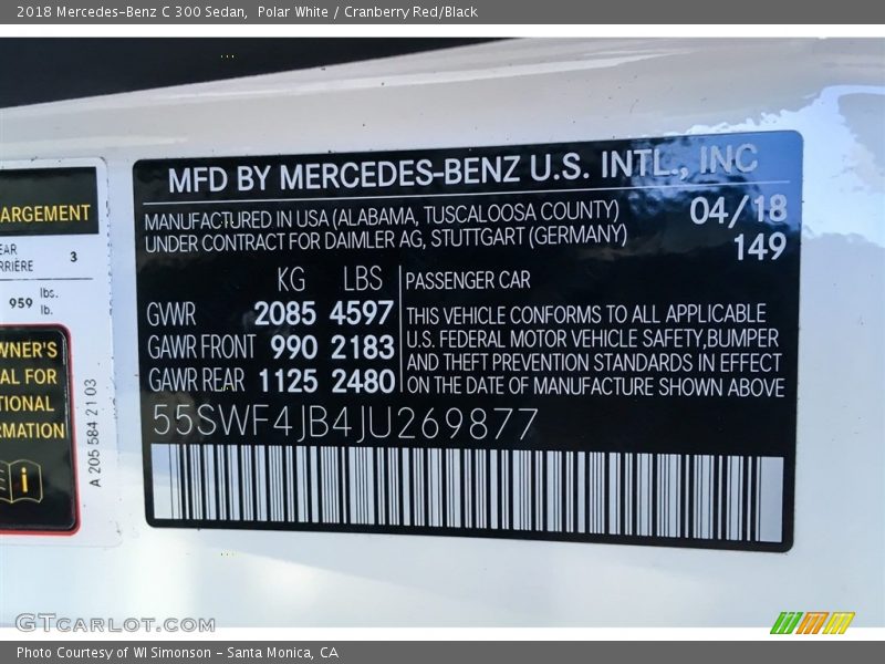 Polar White / Cranberry Red/Black 2018 Mercedes-Benz C 300 Sedan