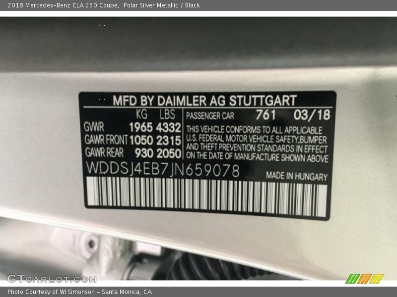 2018 CLA 250 Coupe Polar Silver Metallic Color Code 761