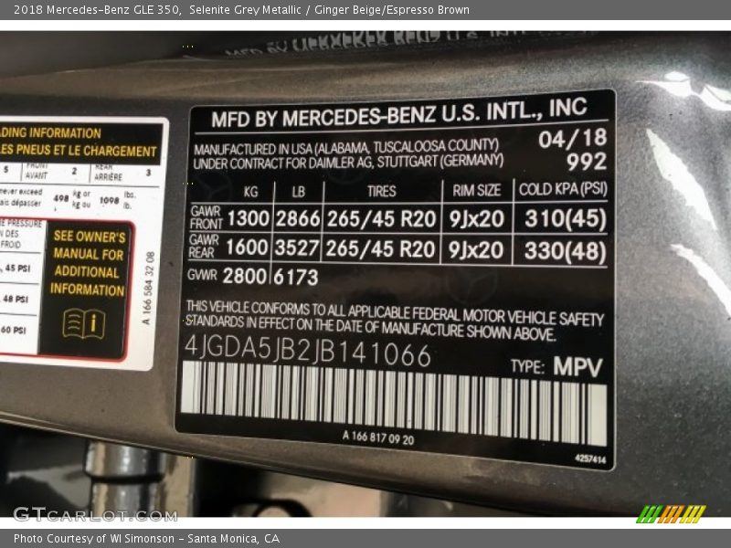 Selenite Grey Metallic / Ginger Beige/Espresso Brown 2018 Mercedes-Benz GLE 350