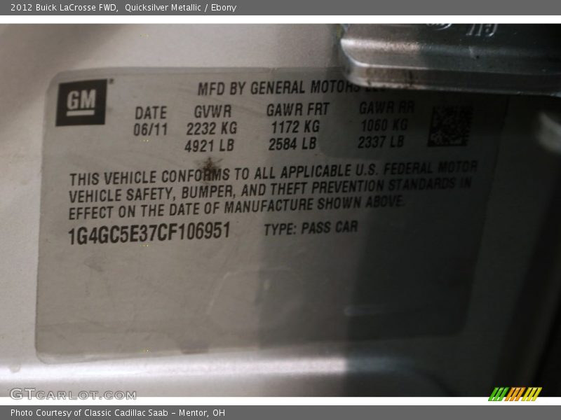 Quicksilver Metallic / Ebony 2012 Buick LaCrosse FWD