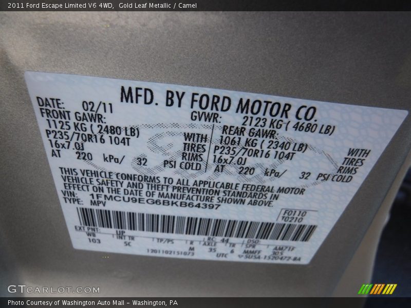 Gold Leaf Metallic / Camel 2011 Ford Escape Limited V6 4WD