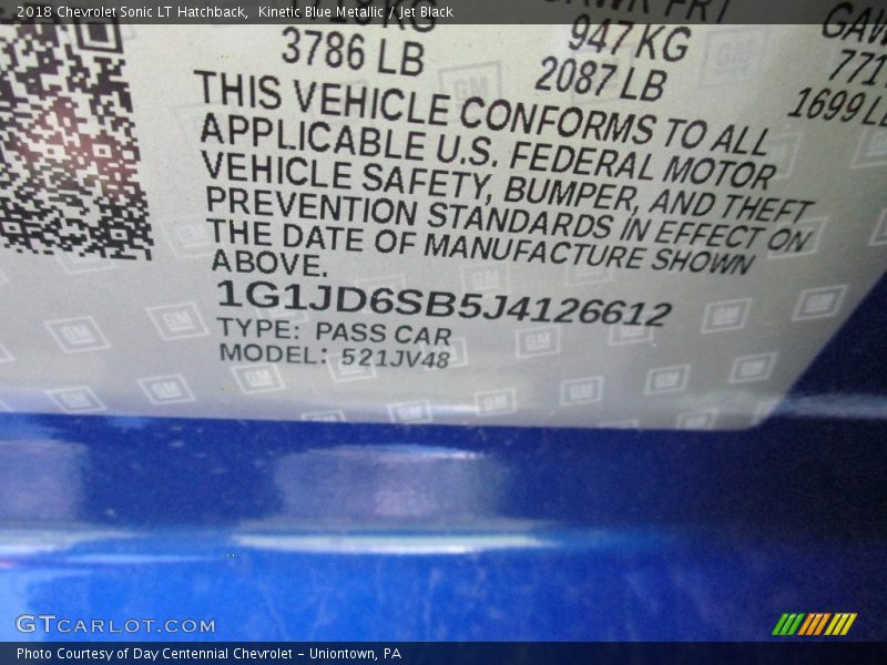Kinetic Blue Metallic / Jet Black 2018 Chevrolet Sonic LT Hatchback