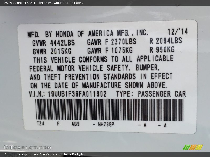 Bellanova White Pearl / Ebony 2015 Acura TLX 2.4
