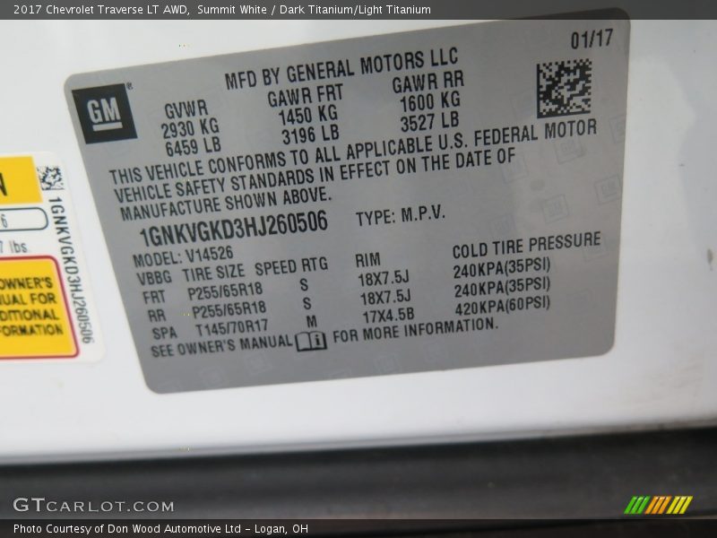 Summit White / Dark Titanium/Light Titanium 2017 Chevrolet Traverse LT AWD