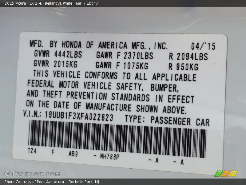 Bellanova White Pearl / Ebony 2015 Acura TLX 2.4