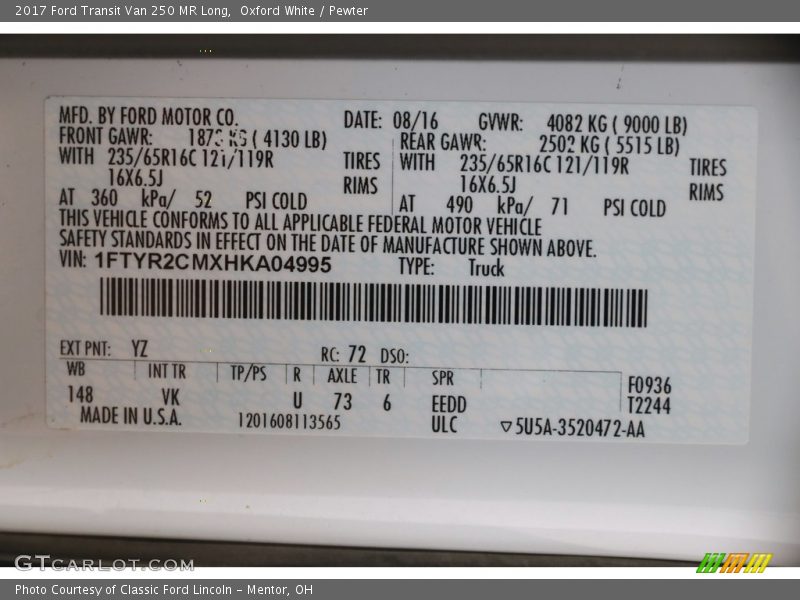 Oxford White / Pewter 2017 Ford Transit Van 250 MR Long
