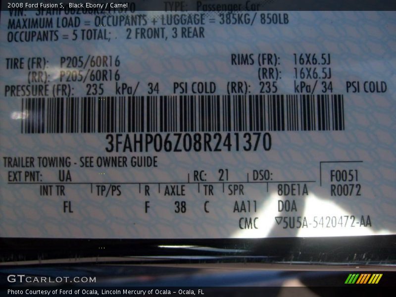 Black Ebony / Camel 2008 Ford Fusion S