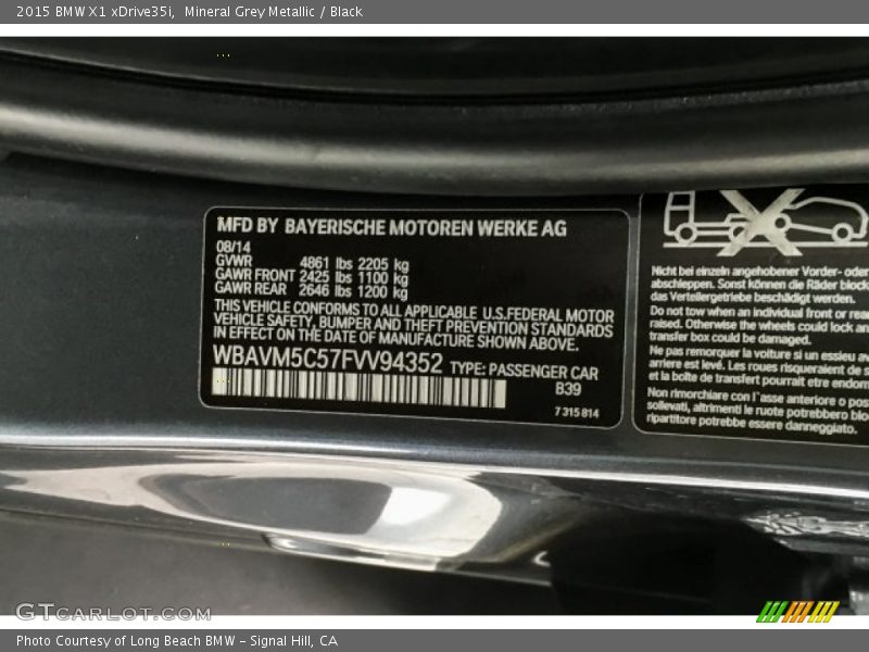 Mineral Grey Metallic / Black 2015 BMW X1 xDrive35i