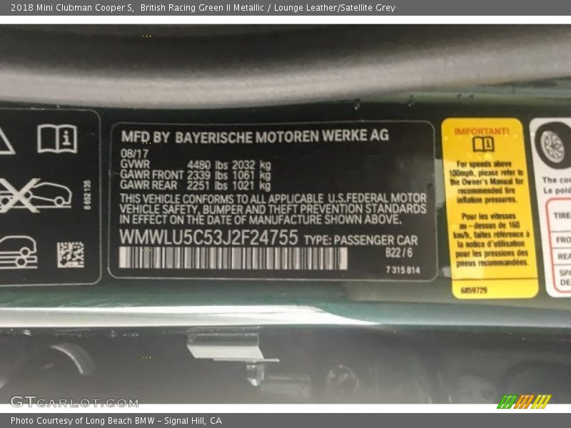 2018 Clubman Cooper S British Racing Green II Metallic Color Code B22