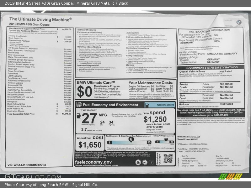  2019 4 Series 430i Gran Coupe Window Sticker