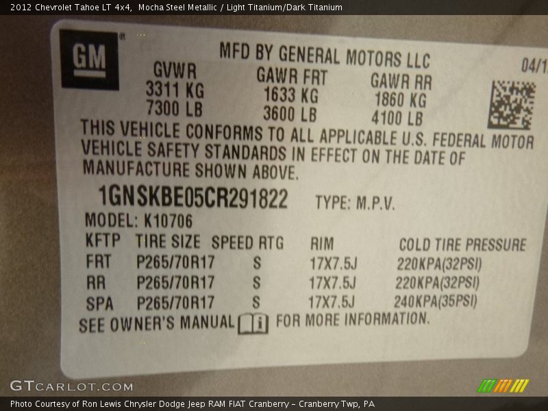 Mocha Steel Metallic / Light Titanium/Dark Titanium 2012 Chevrolet Tahoe LT 4x4