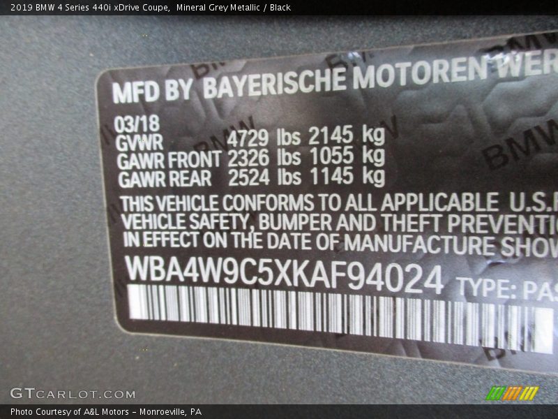 Mineral Grey Metallic / Black 2019 BMW 4 Series 440i xDrive Coupe