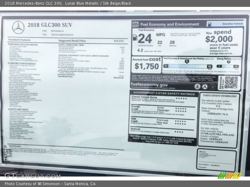 Lunar Blue Metallic / Silk Beige/Black 2018 Mercedes-Benz GLC 300