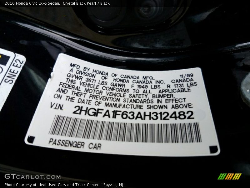 Crystal Black Pearl / Black 2010 Honda Civic LX-S Sedan