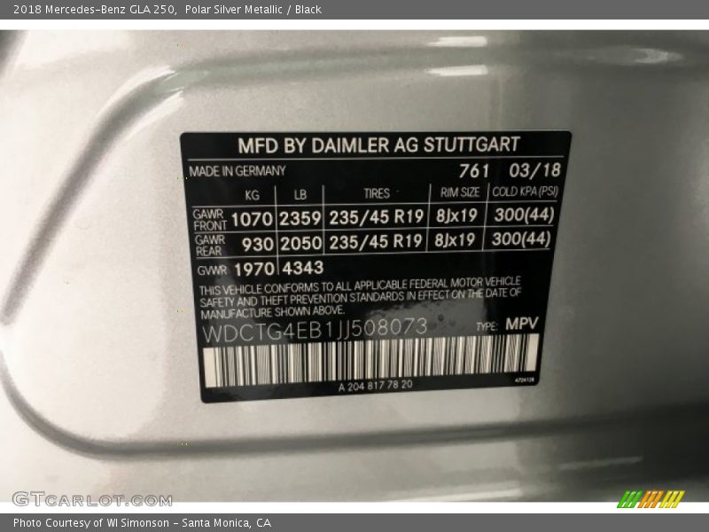 2018 GLA 250 Polar Silver Metallic Color Code 761