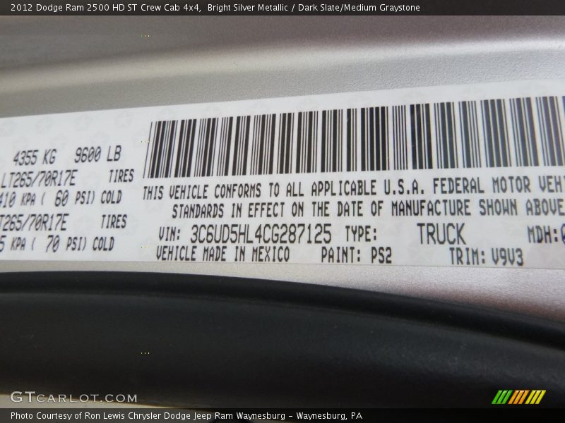 Bright Silver Metallic / Dark Slate/Medium Graystone 2012 Dodge Ram 2500 HD ST Crew Cab 4x4