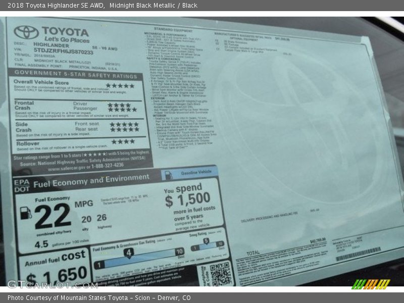 Midnight Black Metallic / Black 2018 Toyota Highlander SE AWD