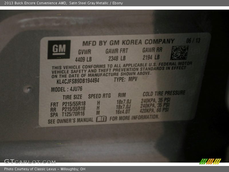 Satin Steel Gray Metallic / Ebony 2013 Buick Encore Convenience AWD
