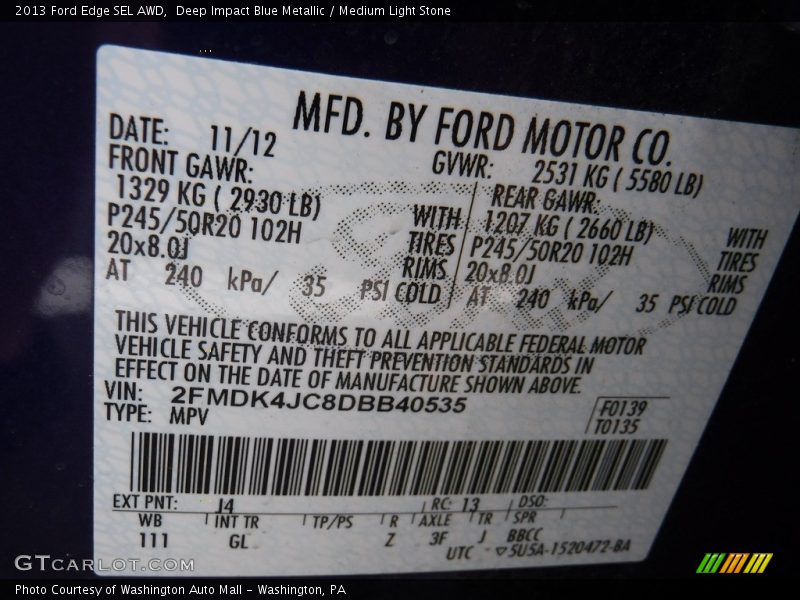 Deep Impact Blue Metallic / Medium Light Stone 2013 Ford Edge SEL AWD