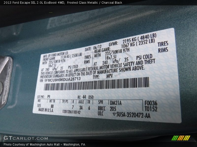Frosted Glass Metallic / Charcoal Black 2013 Ford Escape SEL 2.0L EcoBoost 4WD