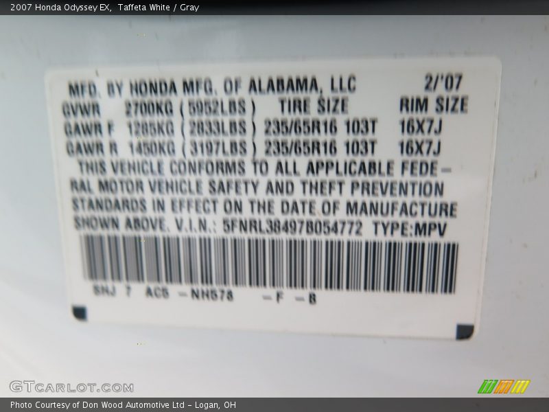 Taffeta White / Gray 2007 Honda Odyssey EX