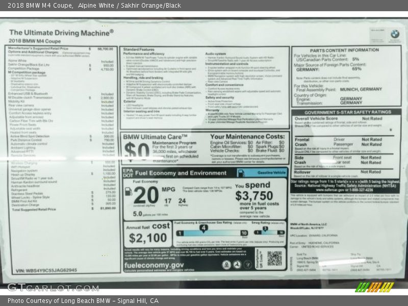 Alpine White / Sakhir Orange/Black 2018 BMW M4 Coupe